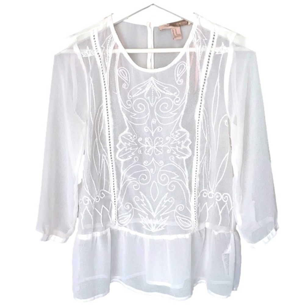 FOREVER 21 Peplum Top Beaded Embroidered Sheer White Women Size XS